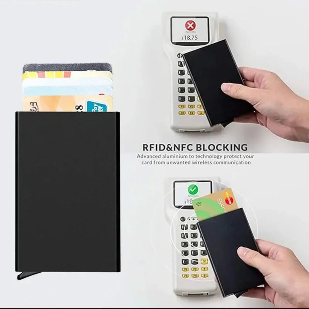 Men’s RFID Blocking Card Holder Slim Black Automatic Pop-Up Wallet Discrete